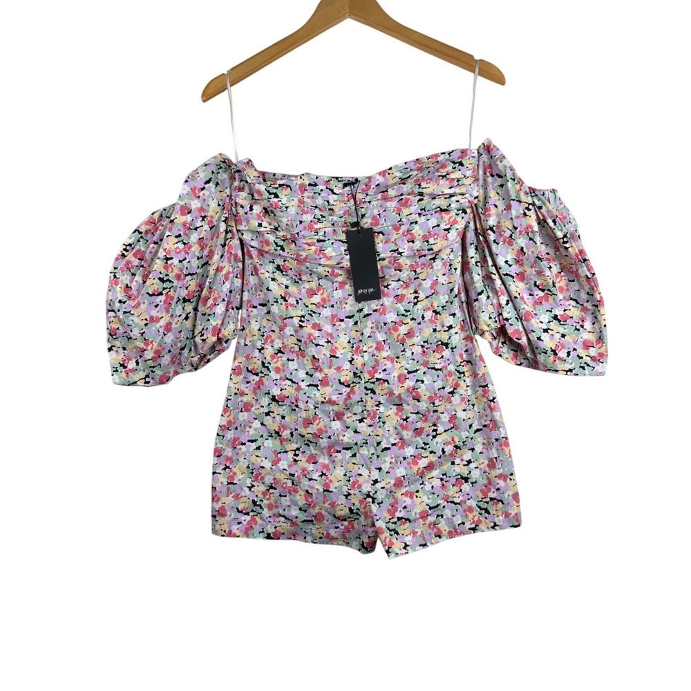 New Nasty Gal Floral Print Off the Shoulder Puff Sleeve Romper size 4 Multicolor